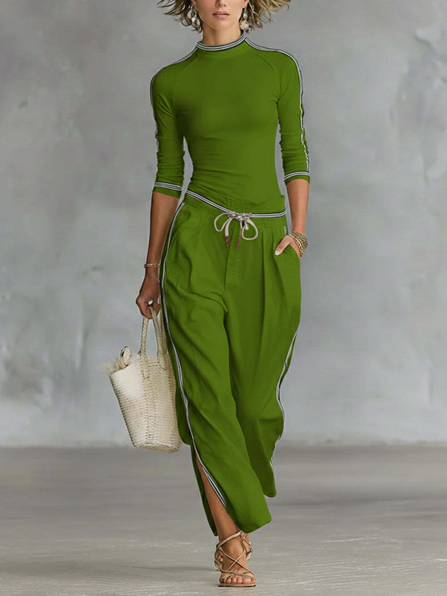 Women’s Cozy Stretch Knit Top And Linen And Cotton Trousers Two-piece Set