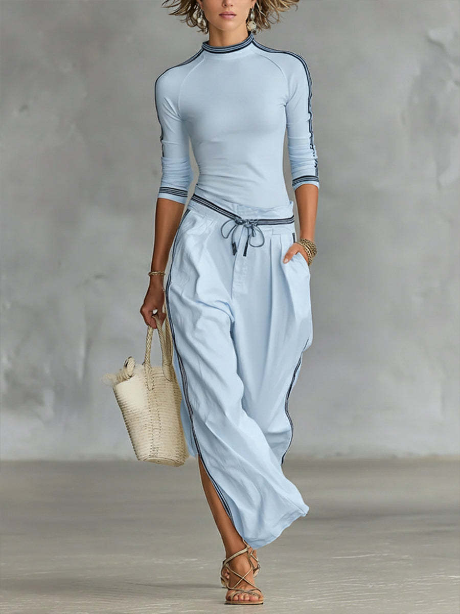 Women’s Cozy Stretch Knit Top And Linen And Cotton Trousers Two-piece Set