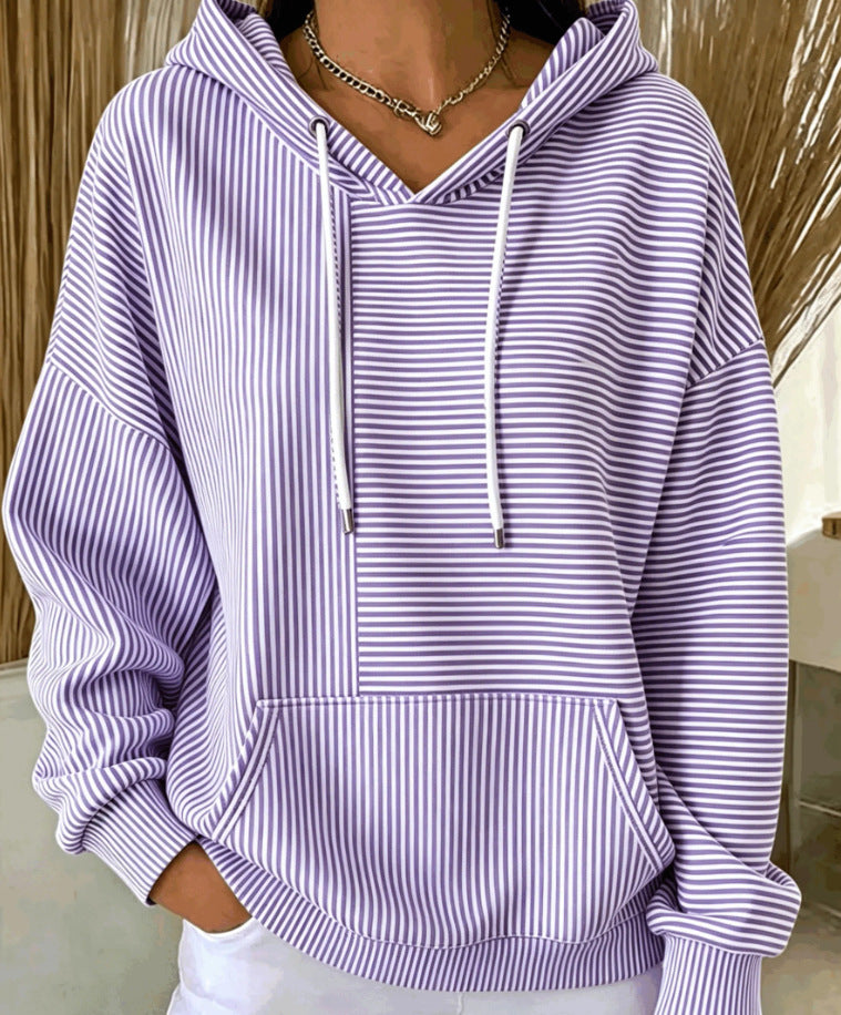 Women's Loose Fit Striped Hooded Sweatshirt Drawstring Casual Cotton Hoodie
