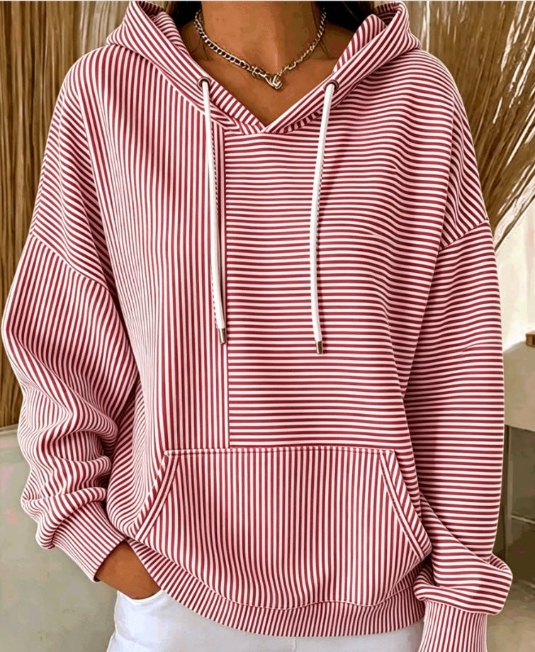 Women's Loose Fit Striped Hooded Sweatshirt Drawstring Casual Cotton Hoodie