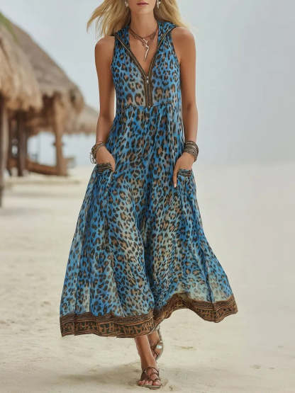 Women's Retro Casual Green Leopard Print Art Hooded Midi Dress