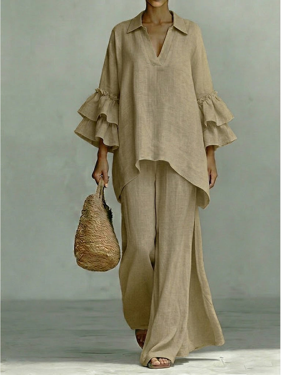 Casual Linen And Cotton Shirt And Wide-leg Pants Two-piece Set