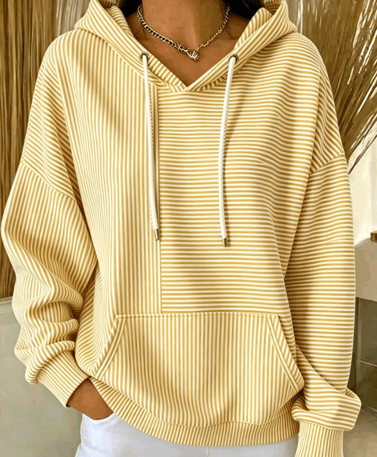 Women's Loose Fit Striped Hooded Sweatshirt Drawstring Casual Cotton Hoodie