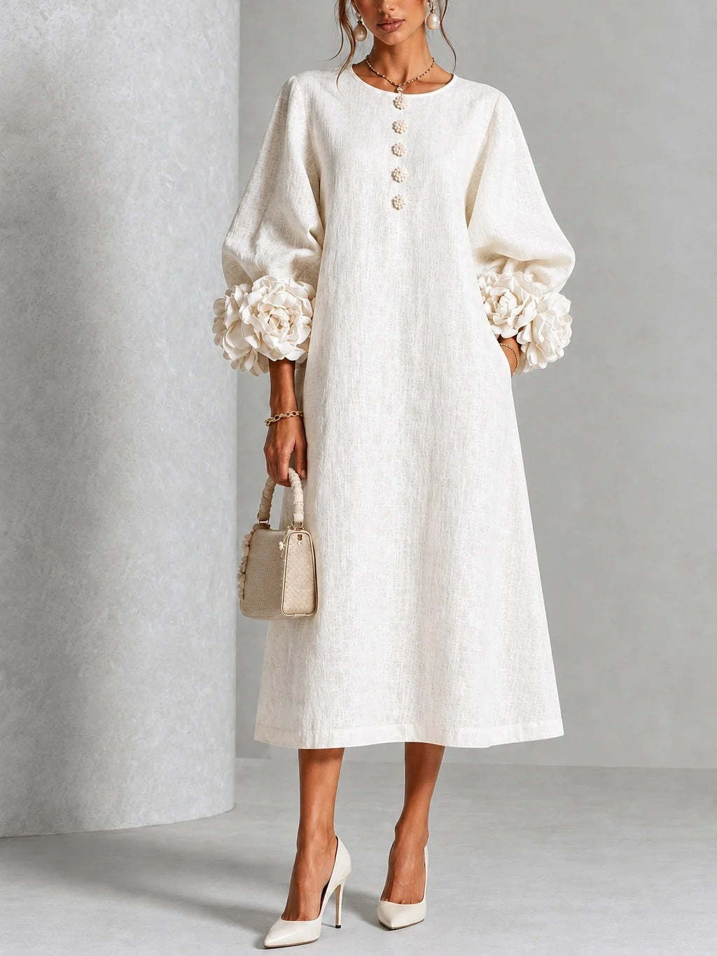 Elegant Blush Pink 3D Rosette Midi Dress