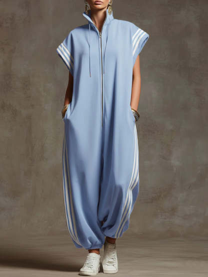 Women's Relaxed Stand-collar Short-sleeved Casual Loose Cotton Wide-leg Jumpsuit