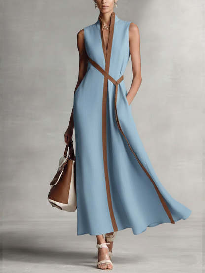 Women’s Stand-Up Collar Sleeveless Casual Loose Cotton and Linen Dress
