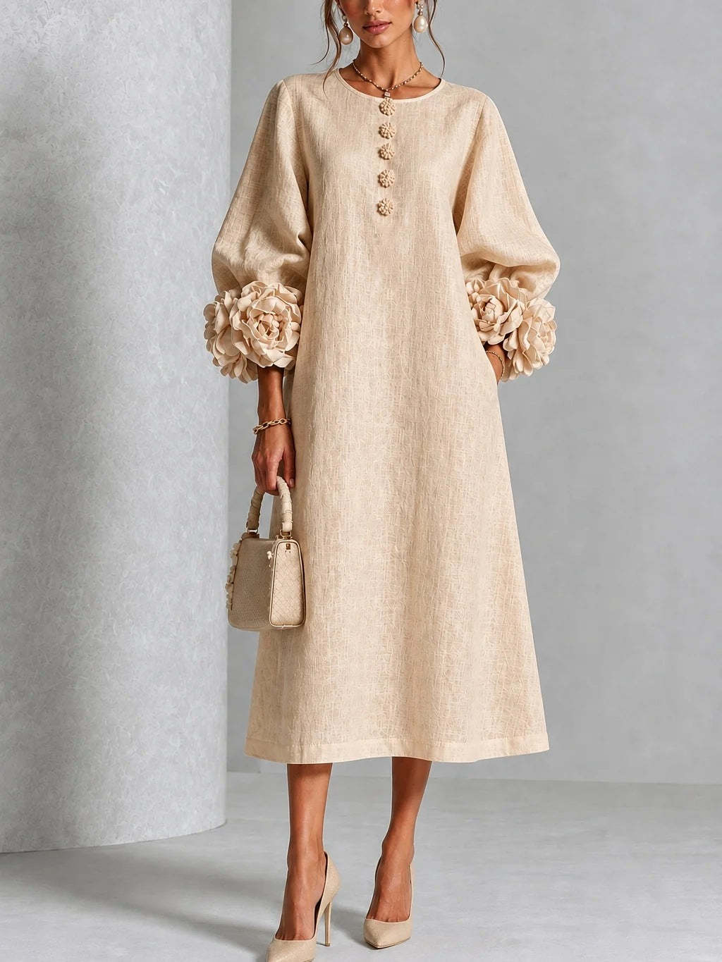 Elegant Blush Pink 3D Rosette Midi Dress