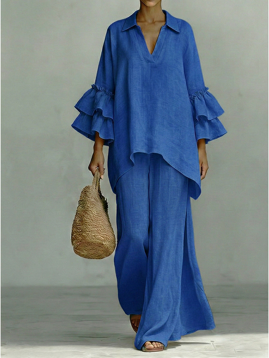 Casual Linen And Cotton Shirt And Wide-leg Pants Two-piece Set