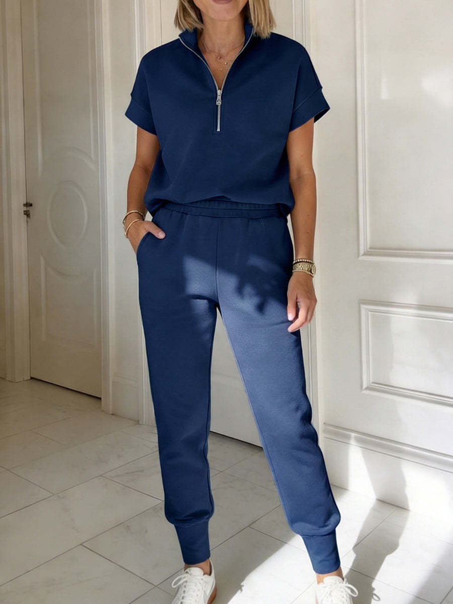 Cozy Travel Stand-collar Zip Sweatshirt & Pants Two-piece Set