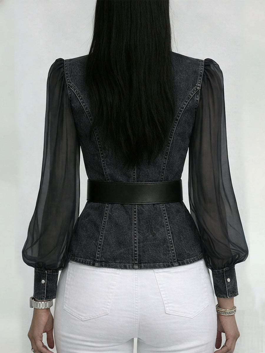 Elegant, Slim-fitting Denim Top With Organza Sleeves.