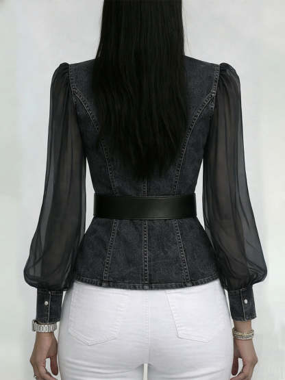 Elegant, Slim-fitting Denim Top With Organza Sleeves.
