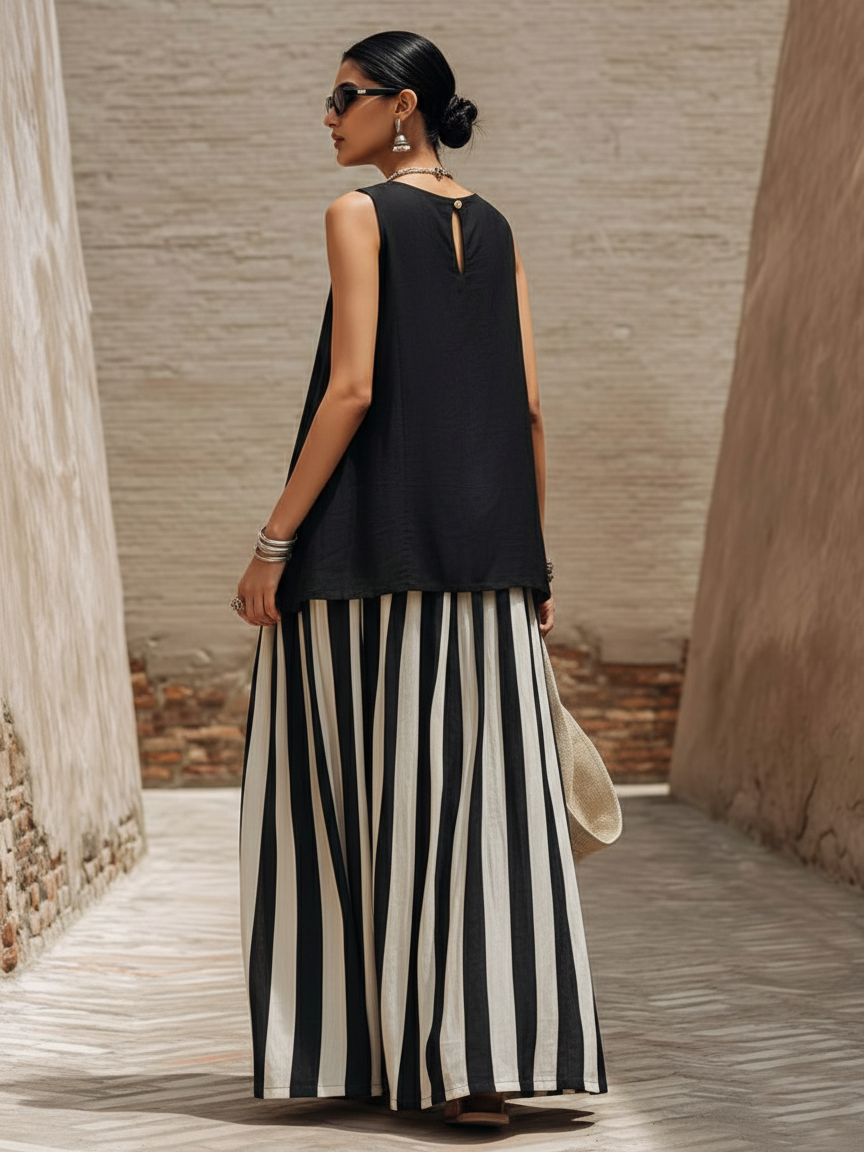 Vacation Cozy Top And Artistic Striped Skirt Linen Cotton Two-piece Set