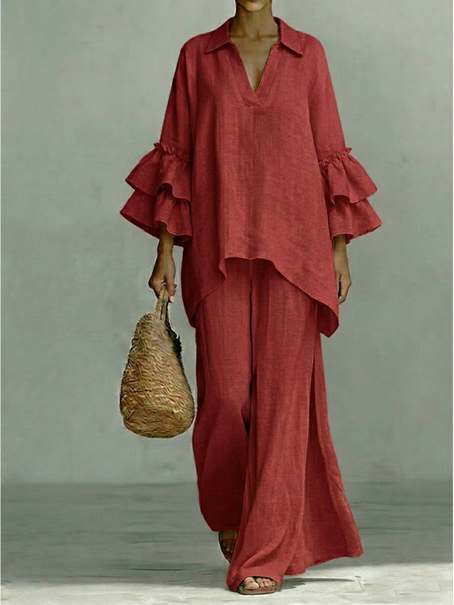Casual Linen And Cotton Shirt And Wide-leg Pants Two-piece Set