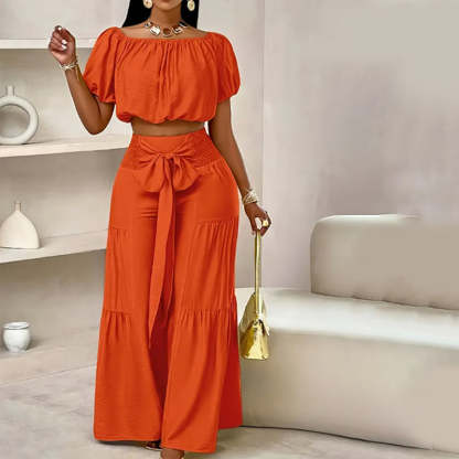 Off-Shoulder Puff Sleeve Top & Wide-Leg Pants 2-Piece Set – Elegant, Comfortable & Perfect for Summer Days ☀️