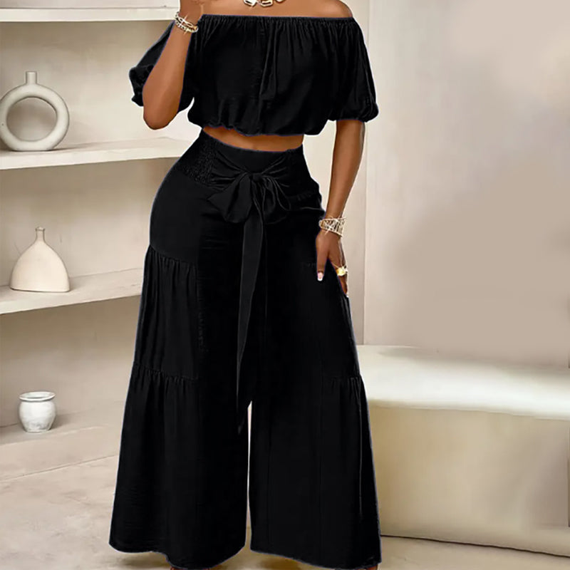 Off-Shoulder Puff Sleeve Top & Wide-Leg Pants 2-Piece Set – Elegant, Comfortable & Perfect for Summer Days ☀️
