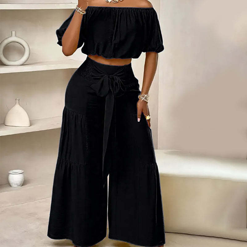 Off-Shoulder Puff Sleeve Top & Wide-Leg Pants 2-Piece Set – Elegant, Comfortable & Perfect for Summer Days ☀️