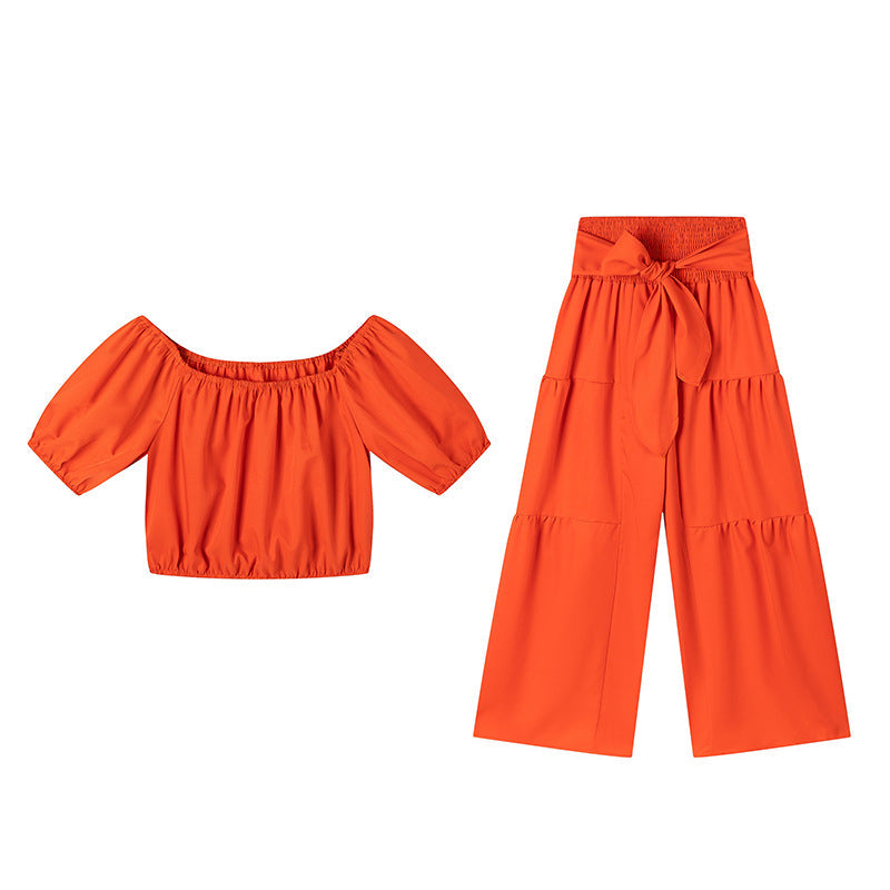 Off-Shoulder Puff Sleeve Top & Wide-Leg Pants 2-Piece Set – Elegant, Comfortable & Perfect for Summer Days ☀️