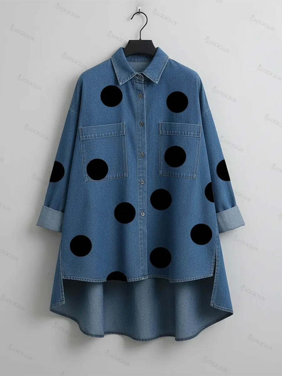 Elegant Artistic Polka Dot Print Stand-collar Denim Top
