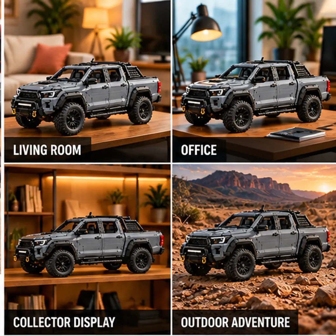 Complete graphite gray off-road pickup brick model on a white background