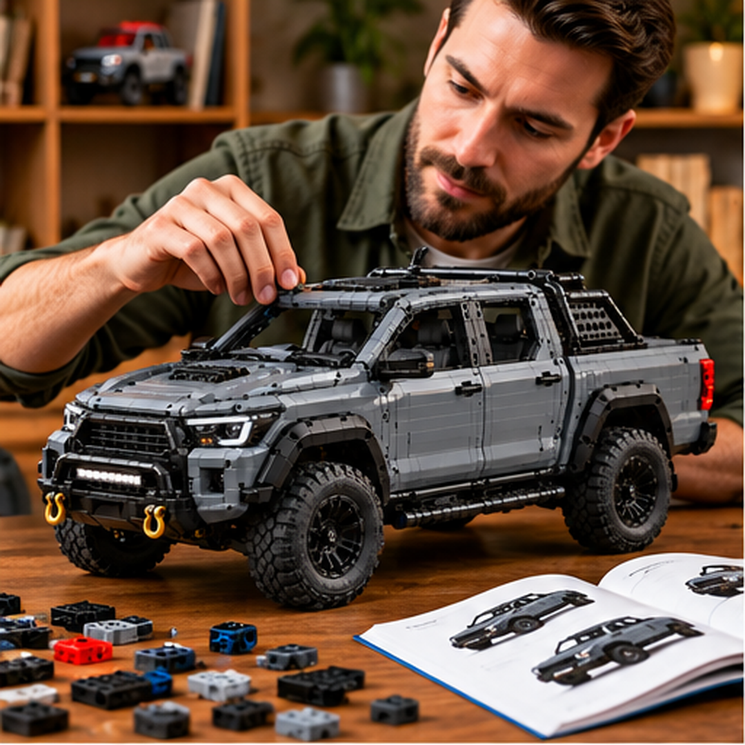 Close-up views of the pickup front grille, brick-built interior, and off-road tire details