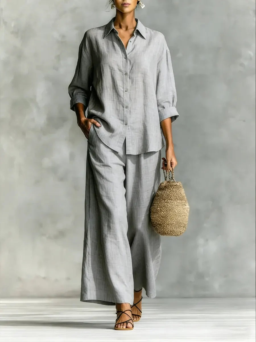 Women's Simple Cotton And Linen Shirt Set