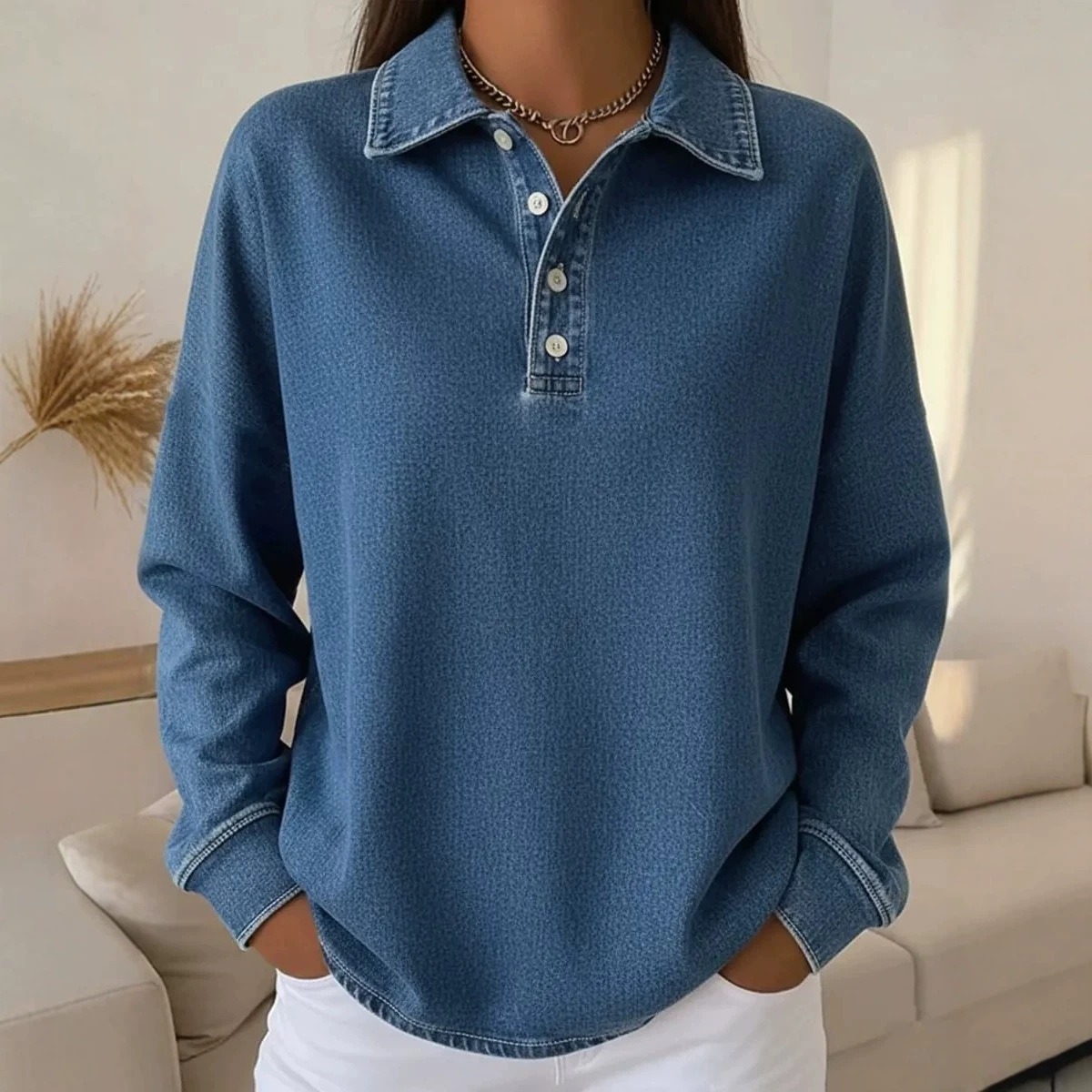 Women's Casual Loose-Fit Button-Front Denim Polo-Style T-Shirt
