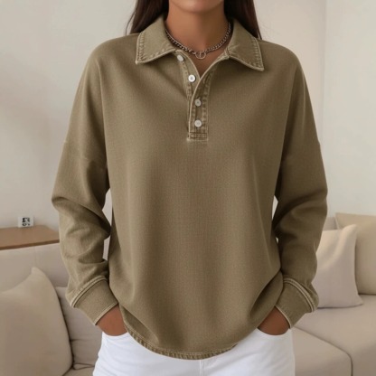 Women's Casual Loose-Fit Button-Front Denim Polo-Style T-Shirt