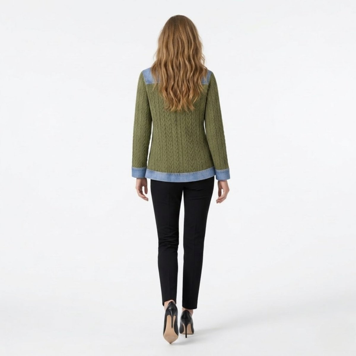 Women Textured Knit Jean Patch Pocket Long Sleeve Oversized Shirt Coat