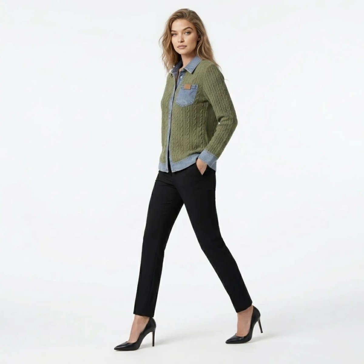 Women Textured Knit Jean Patch Pocket Long Sleeve Oversized Shirt Coat