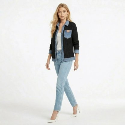 Women Textured Knit Jean Patch Pocket Long Sleeve Oversized Shirt Coat