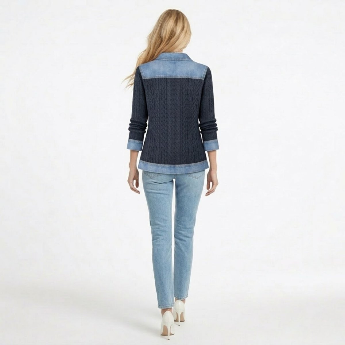 Women Textured Knit Jean Patch Pocket Long Sleeve Oversized Shirt Coat
