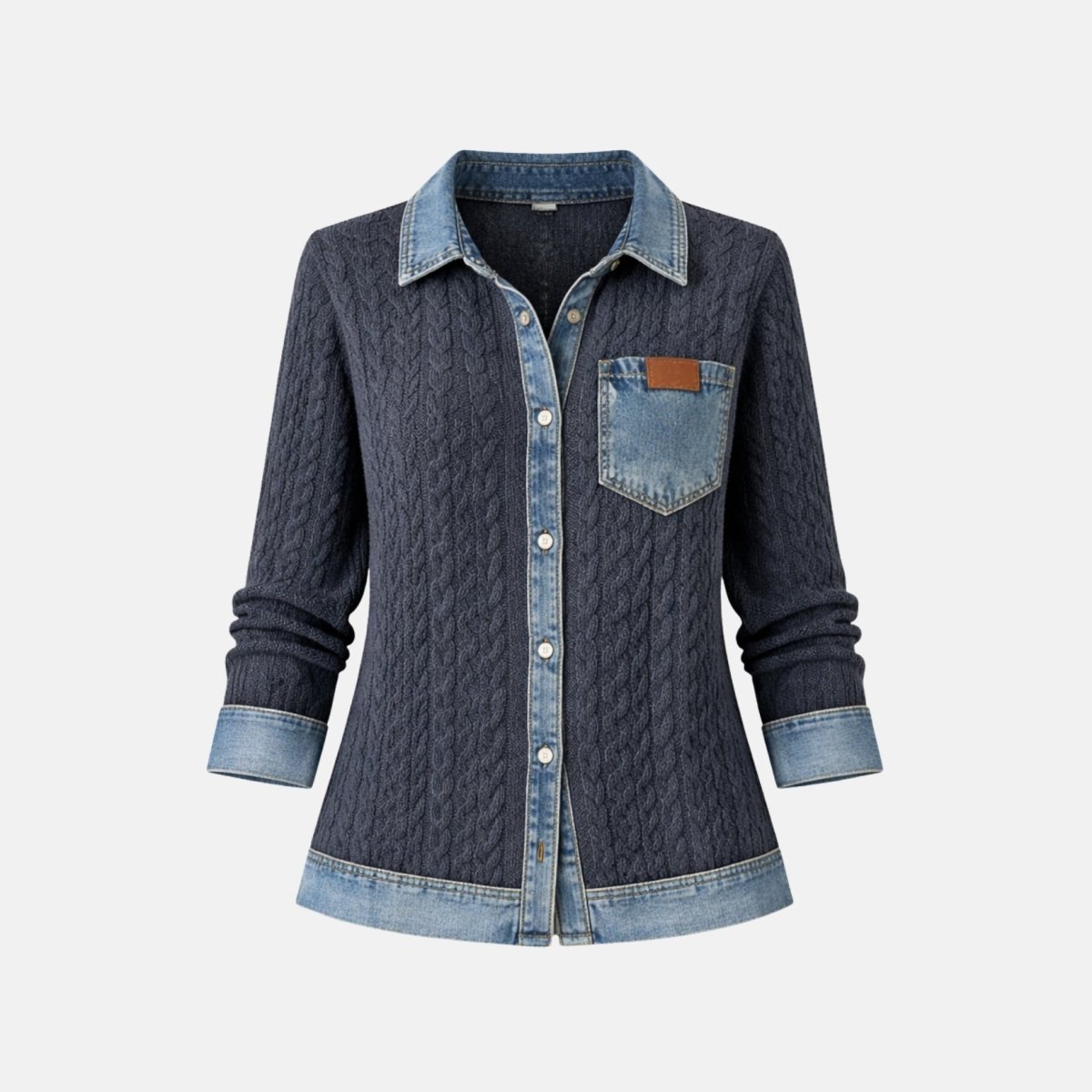Women Textured Knit Jean Patch Pocket Long Sleeve Oversized Shirt Coat