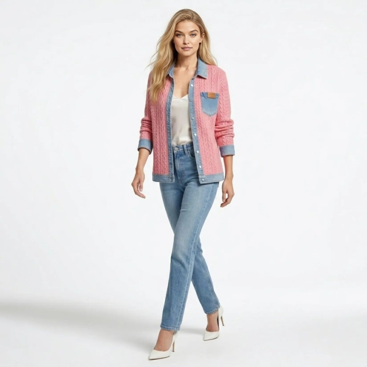 Women Textured Knit Jean Patch Pocket Long Sleeve Oversized Shirt Coat