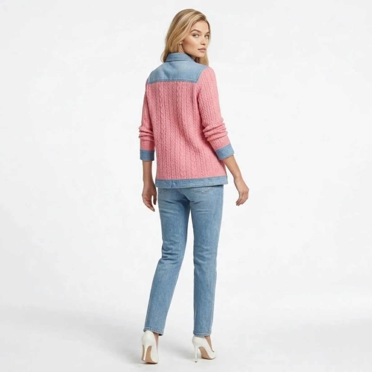 Women Textured Knit Jean Patch Pocket Long Sleeve Oversized Shirt Coat