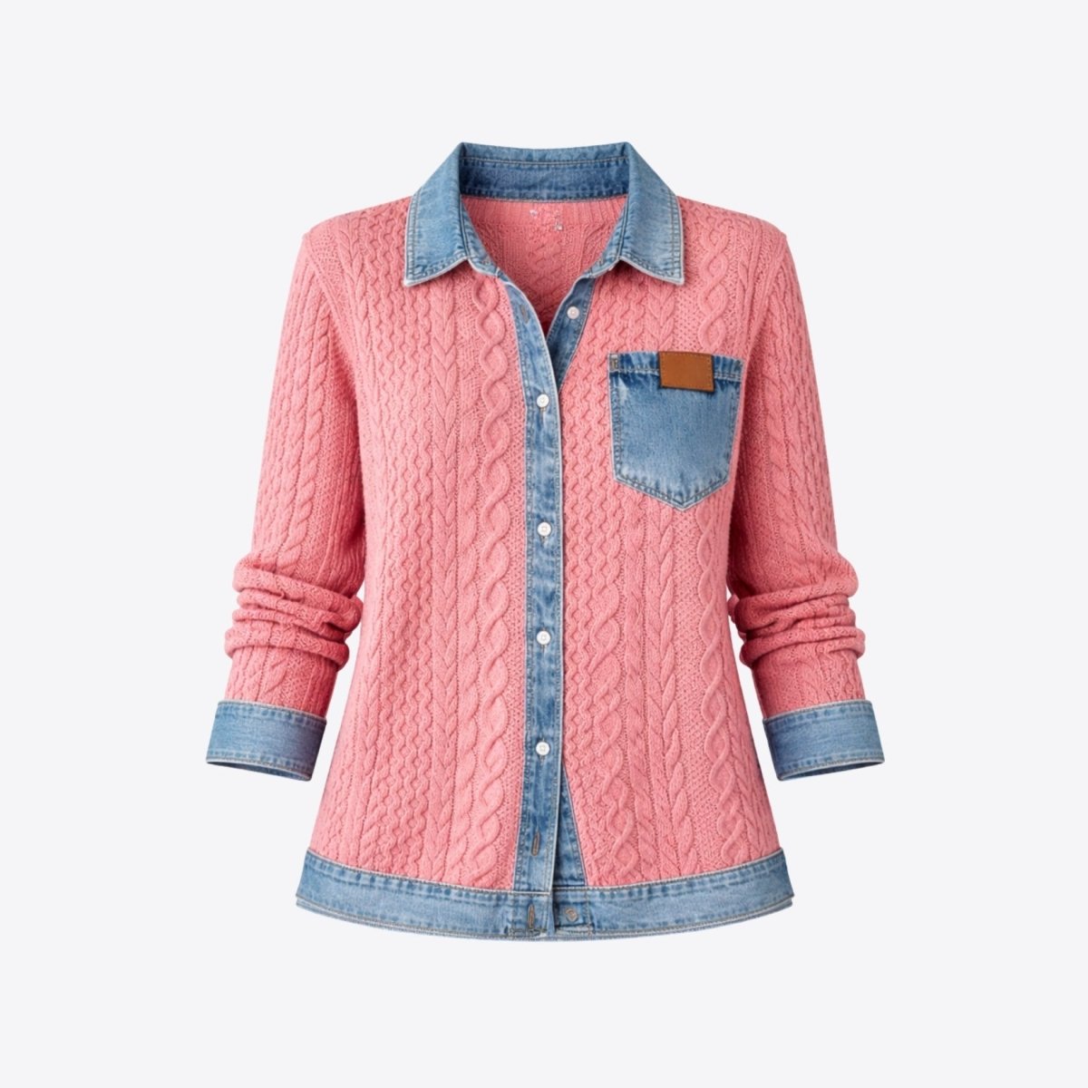 Women Textured Knit Jean Patch Pocket Long Sleeve Oversized Shirt Coat