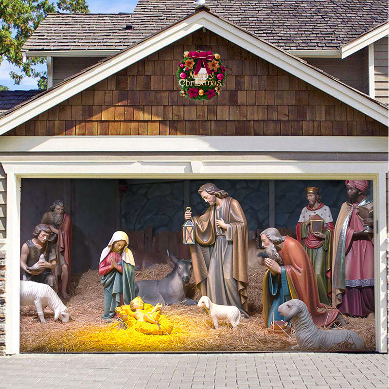 🎁Nativity Scene Garage Door Banner, Christmas Mural for Double Garage Door