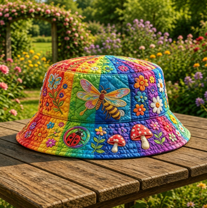 Quilted Rainbow Bucket Hat Hippie Insect Embroidery
