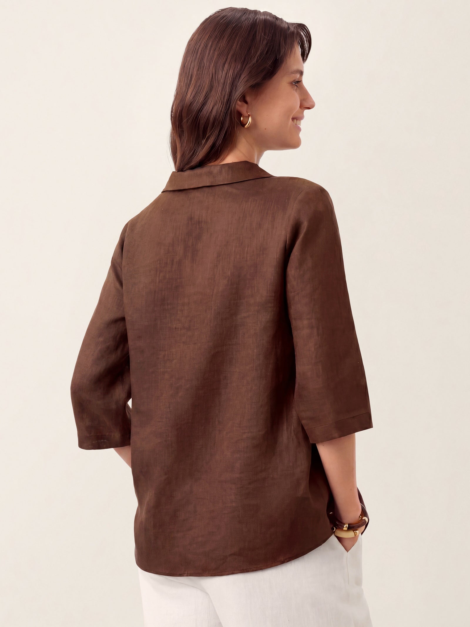 Women's 100% Linen Long-Sleeve Top with Asymmetric Neckline and Inverted Pleat