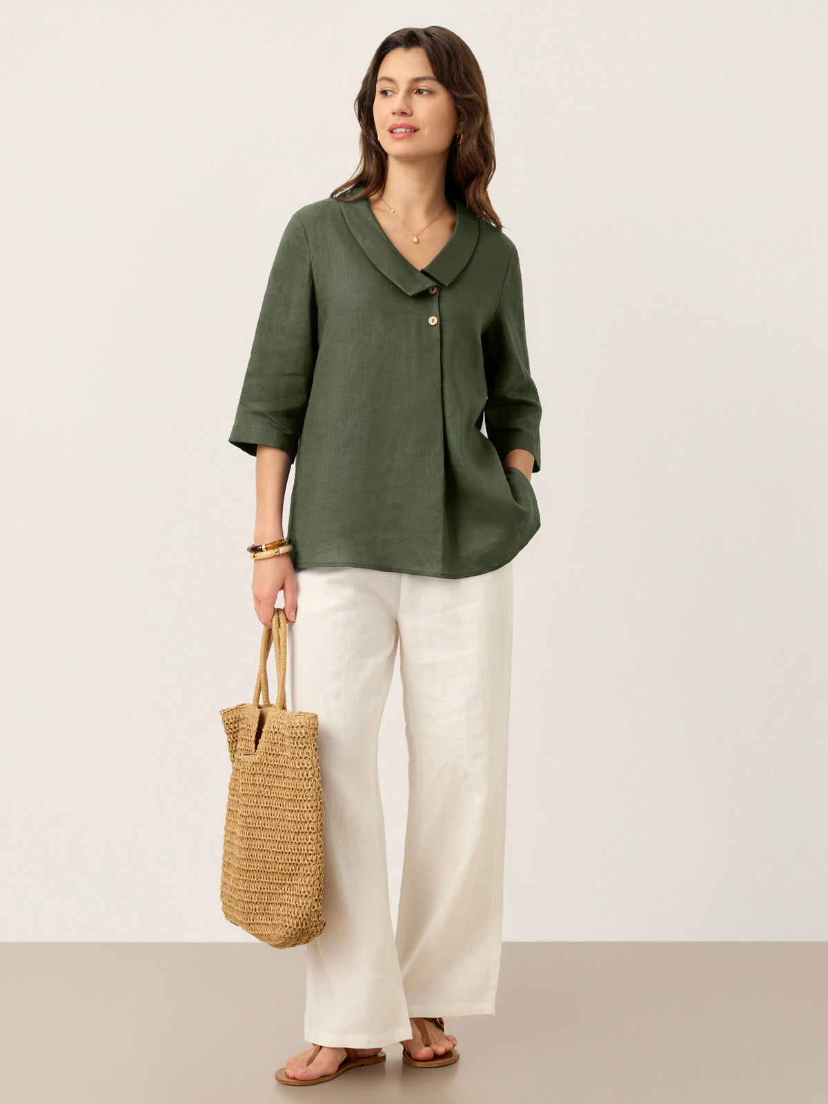 Women's 100% Linen Long-Sleeve Top with Asymmetric Neckline and Inverted Pleat