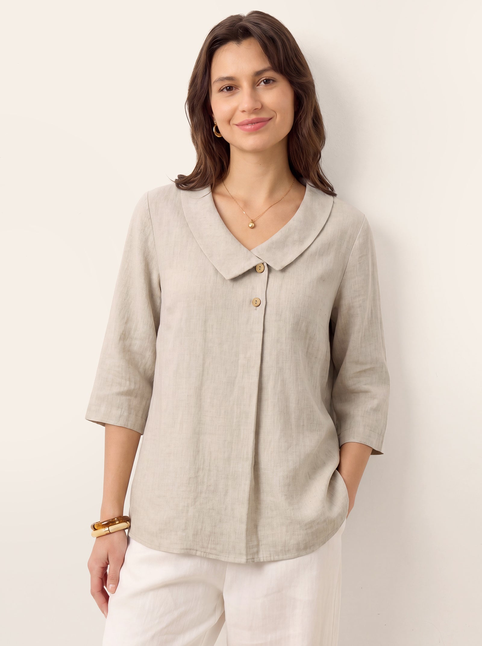 Women's 100% Linen Long-Sleeve Top with Asymmetric Neckline and Inverted Pleat