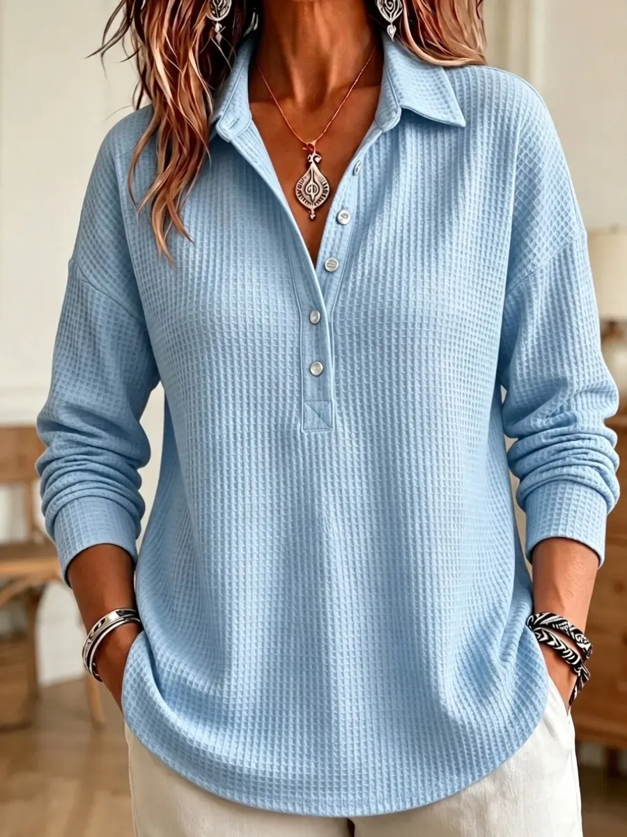CLEARANCE SALE🔥 Women's Casual Waffle Knit Collared Henley Long Sleeve Shirt
