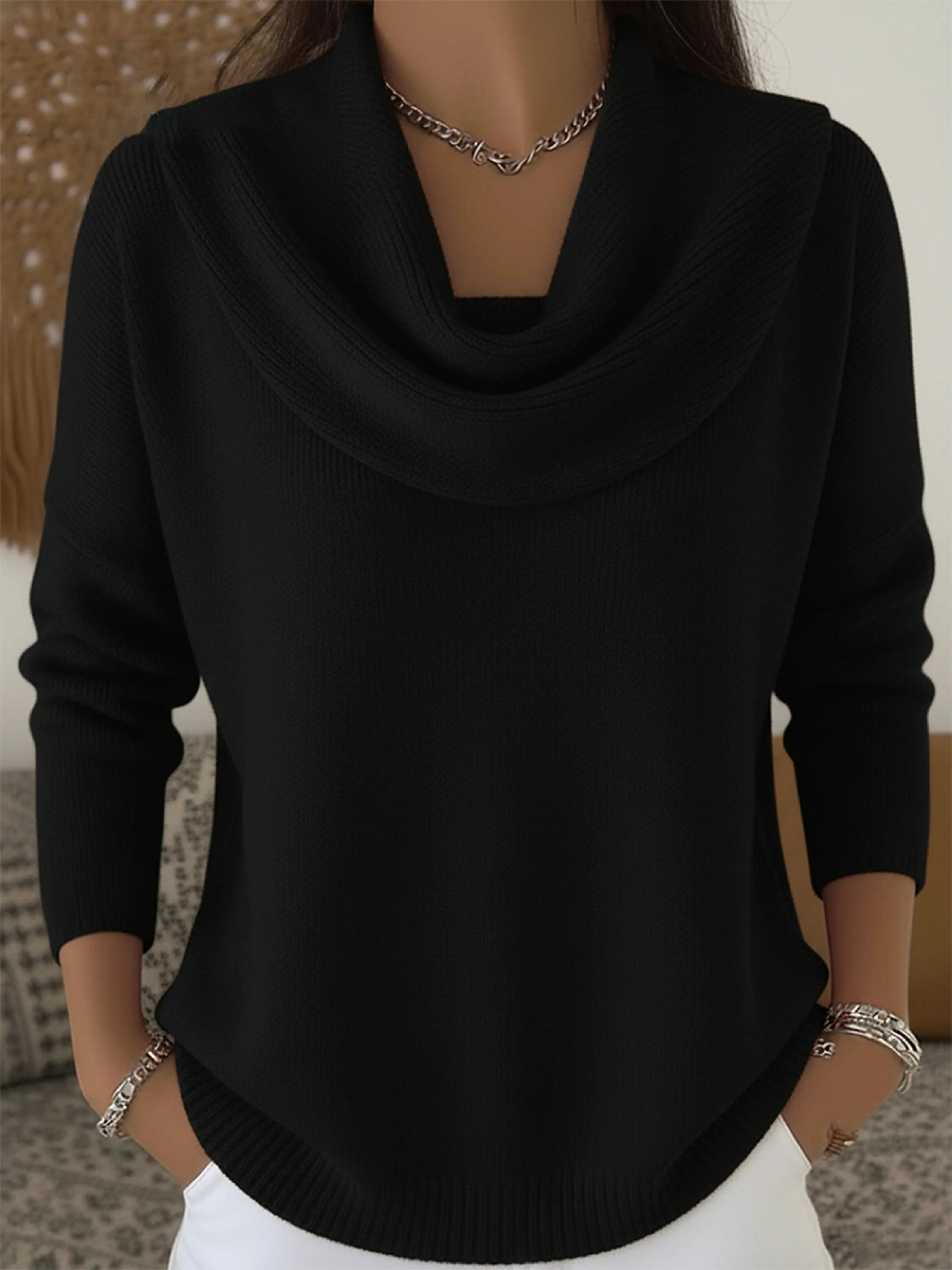 Women's Soft and Elegant Solid Color Ruffled Collar Sweater Top