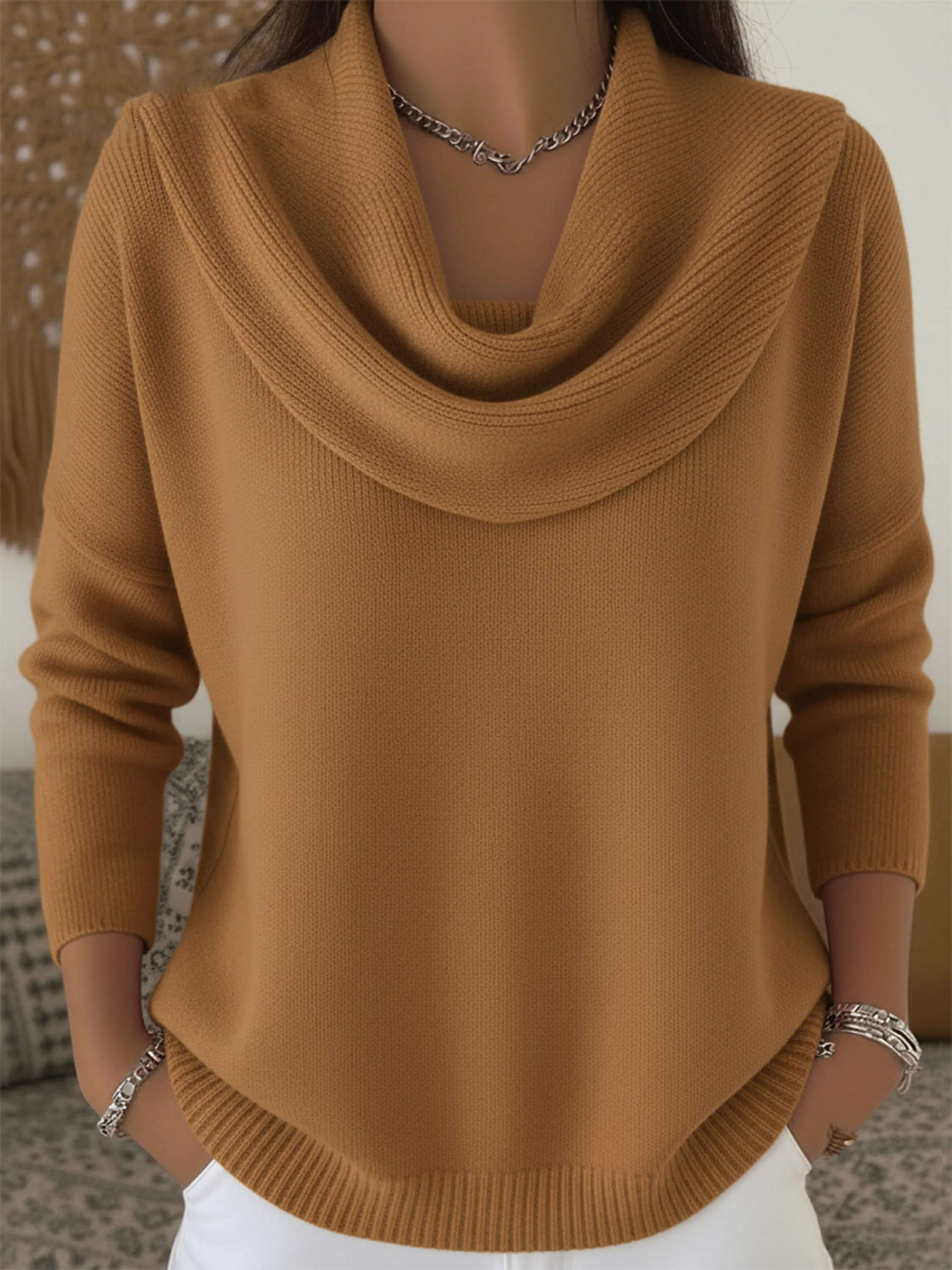 Women's Soft and Elegant Solid Color Ruffled Collar Sweater Top