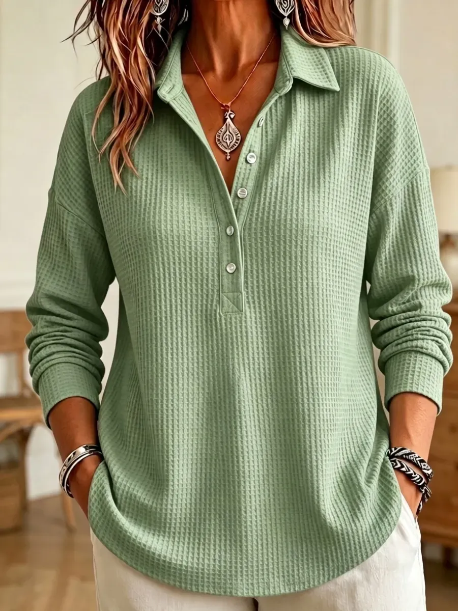 CLEARANCE SALE🔥 Women's Casual Waffle Knit Collared Henley Long Sleeve Shirt
