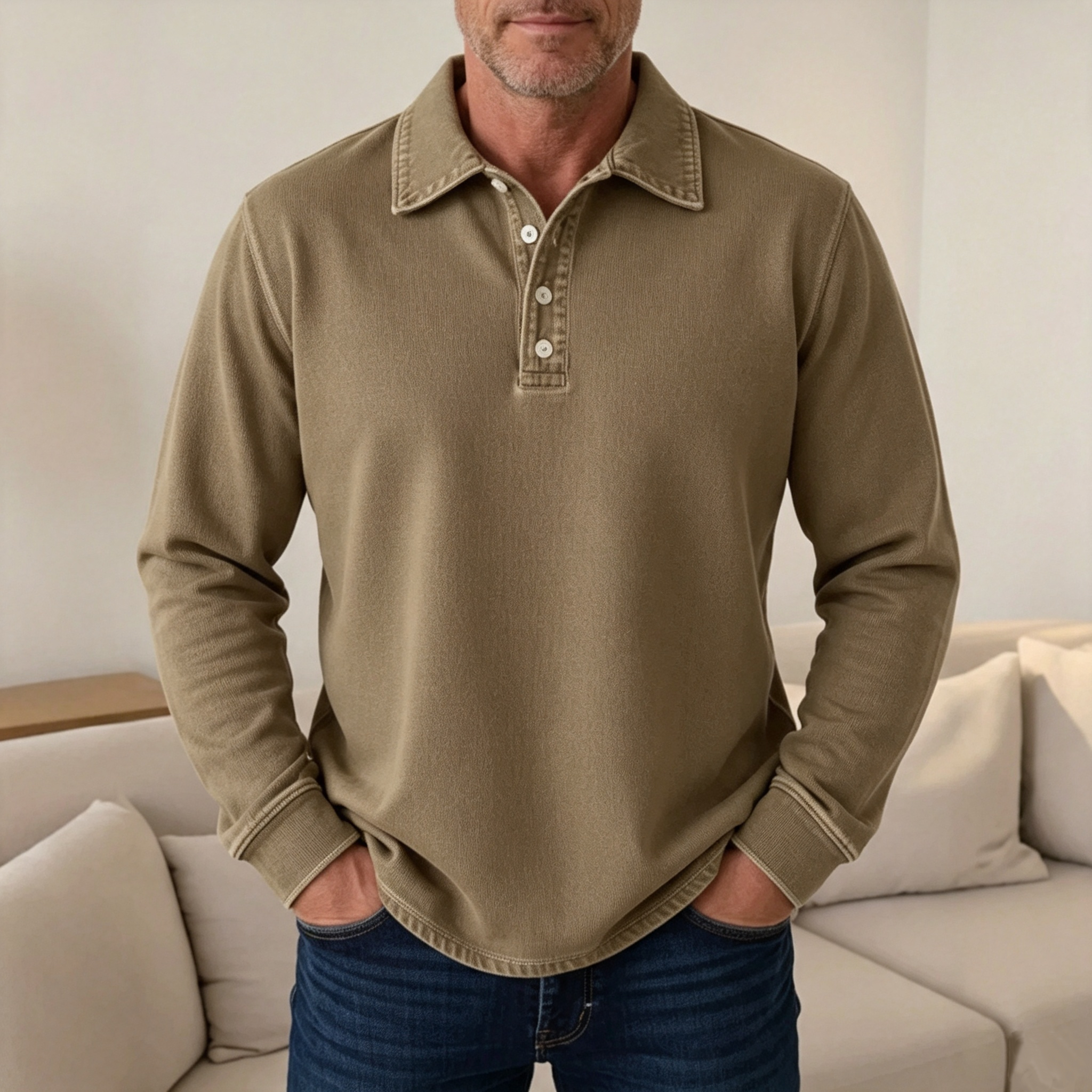 Men's Long-Sleeve Denim Henley Polo Shirt