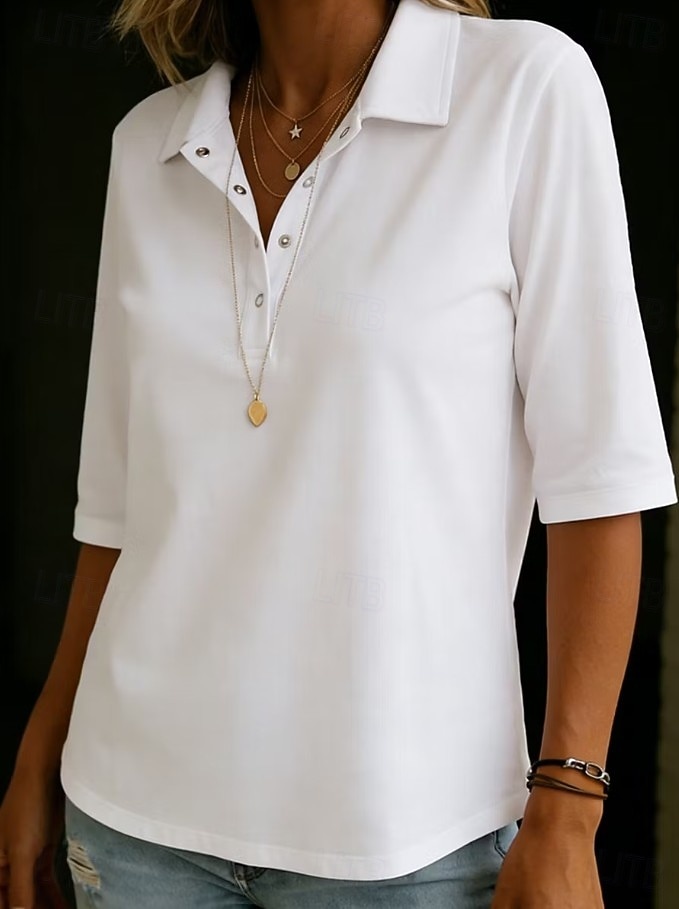 Women's Blouse Buttons Solid Color Elegant Vacation Daily Half Sleeve Turndown Shirt Collar Long Tops Casual Daily Going out White Yellow Sky Blue Green Summer Spring 2026 - &euro;29.99 &ndash;P2
