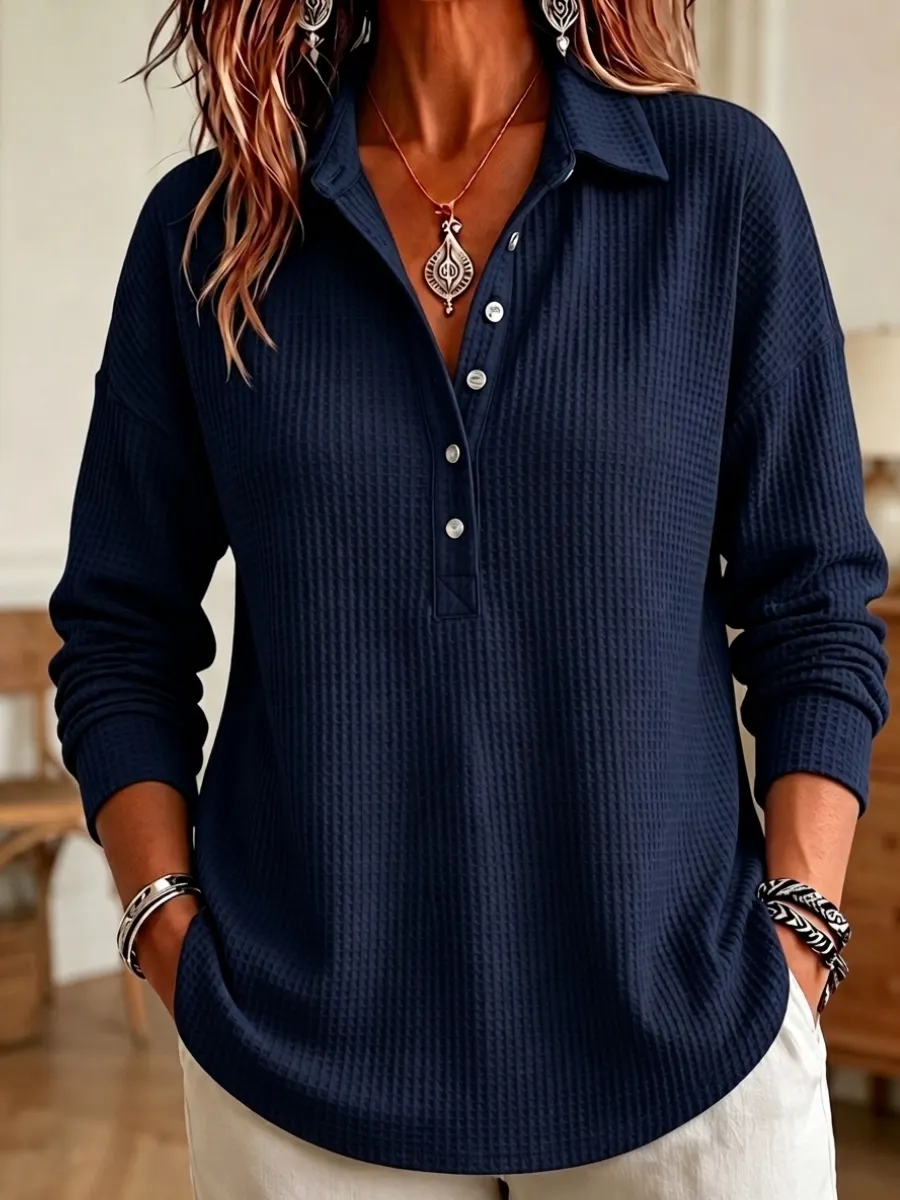 CLEARANCE SALE🔥 Women's Casual Waffle Knit Collared Henley Long Sleeve Shirt