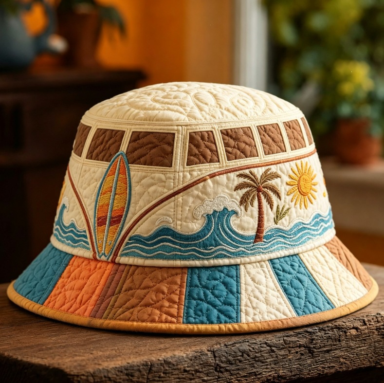 Quilted Cream Bucket Hat Boho Surf Beach Motifs