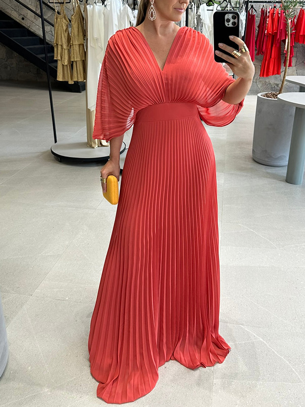 NEW🔥 V Neck Chiffon Back Tie Zipper Bat Sleeve Dress- Tax Free