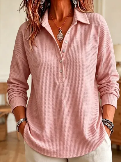 CLEARANCE SALE🔥 Women's Casual Waffle Knit Collared Henley Long Sleeve Shirt